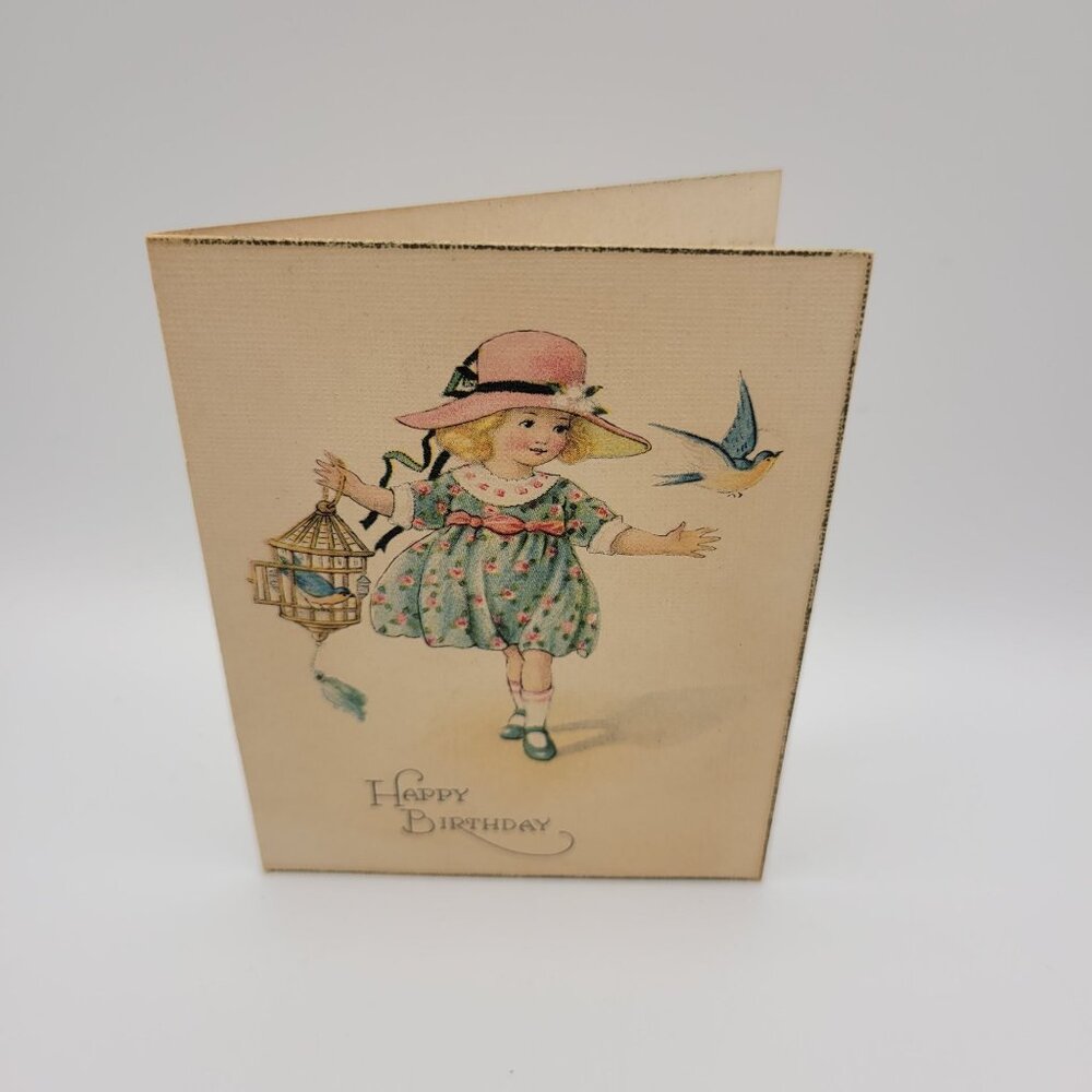 Vintage Happy Birthday Card‎ Girl Bird Illustration Sentimental Poem Crafting